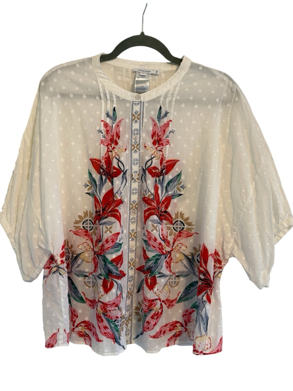 🤍 Chico’s White Swiss Dot Floral 100% Cotton Button-Front Blouse – Dolman Sleeve
